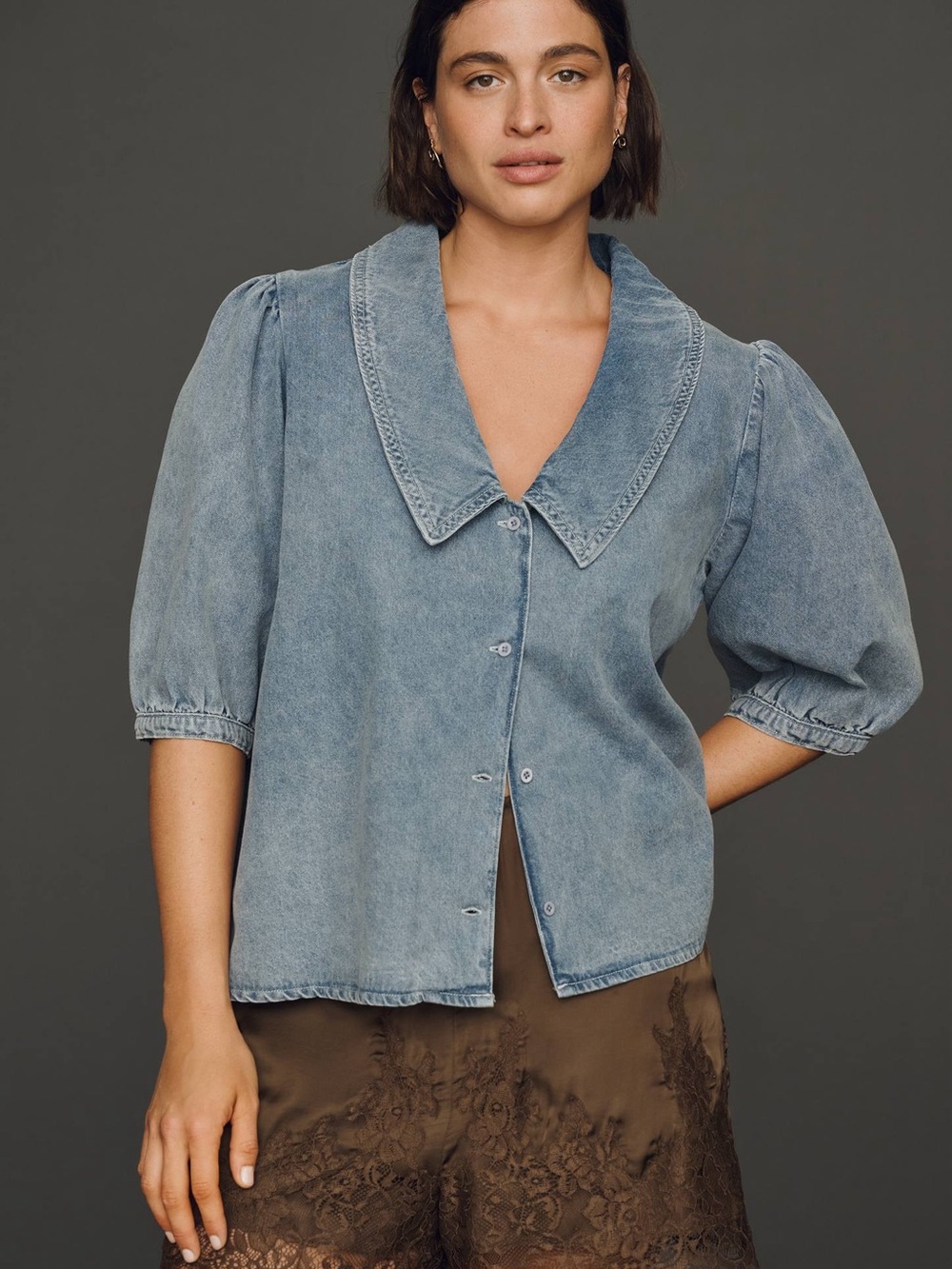 English Factory Washed Light Blue Denim Puff-Sleeve Button Top #1374